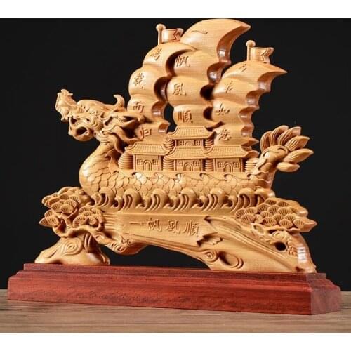 Thuja Wood 26CM Dragon Boat Sculpture Decorative Dish Hollow Wood Wealth Carving Lucky Gift Sailboat Collection Home Decor