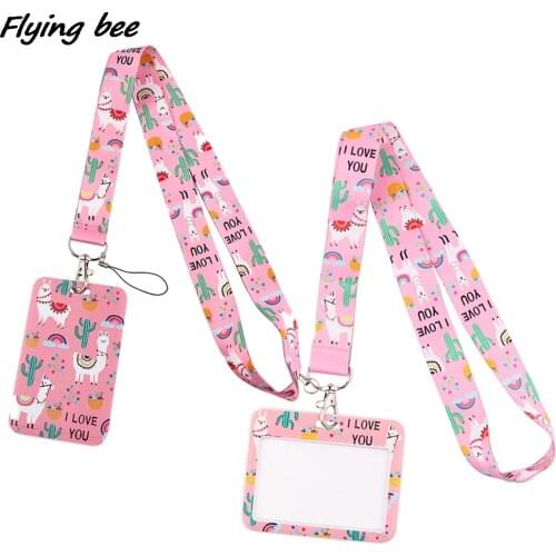 Flyingbee X2002 Pink Lovely Alpaca Lanyard ID Badge Holder Bus Pass Case Cover Slip Bank Credit Card Holder Strap Cardholder