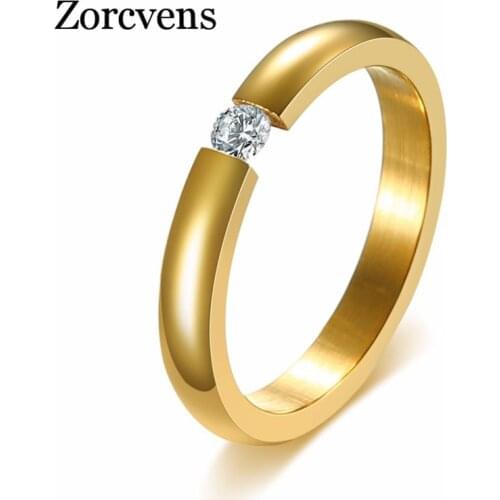 ZORCVENS Gold Color Stainless Steel Rings Round Zirconia Crystal Finger Rings for Women Wedding Jewelry