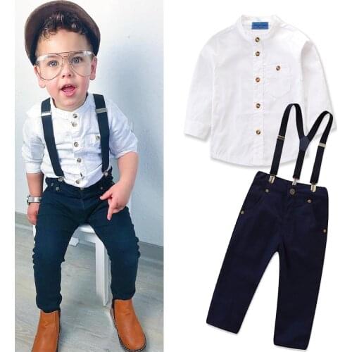 FOCUSNORM 02-7Y Gentleman Infant Baby Boys Clothes Sets Long Sleeve Single Breasted Shirts Bib Pants 2pcs