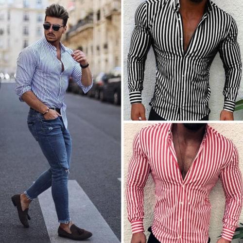 2019 Fashion Men Stripe Long Sleeve European Standard Slim Fit Formal Tops Spring 3 Colors Mens Shirt