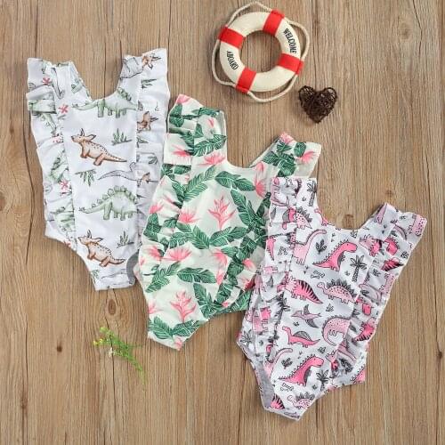 The Latest Arrival of 2021 Children Girls Swimsuit Cute Cartoon Dinosaur Leaf Flower Print Flying Sleeves Ruffled Swimsuit