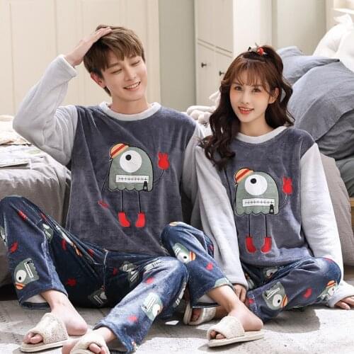 Couple Pajama Set 2021 Winter Flannel Pyjamas Women Cartoon Nightwear Mens Sleepwear 2Pcs Home Lounge Wear Anime Costume Pijama