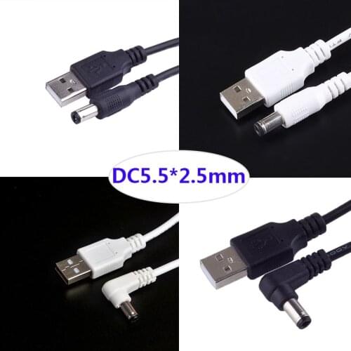 DC Power Plug USB Convert To 5.5*2.5mm/DC 5.5x2.5 White Black L Shape Right Angle Jack With Cord Connector USB Cable