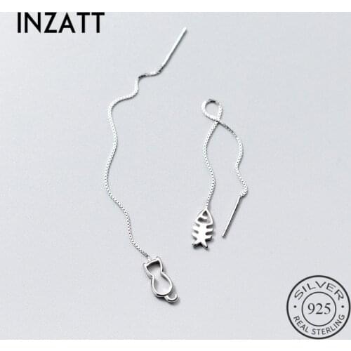 INZATT Real 925 Sterling Silver Asymmetry Hollow Cat Fish Bone Drop Earrings Box Chain Tassel Fine Jewelry For Women Lovely Gift