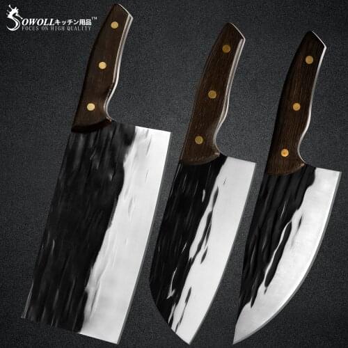Sowoll 3pcs Chopping Knife Set Cleaver Butcher Slaughter Knife Handmade Forged Stainless Steel Knife Meat Fish Cooking Tools