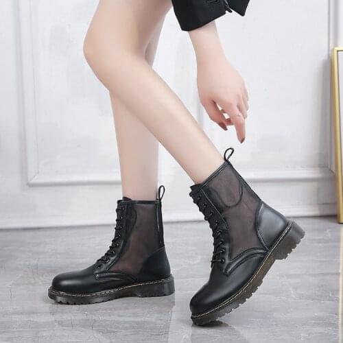 Womens shoes ankle boots 2020 summer fashion mesh leather boots socofy heel rubber platform martin lace up ladies genuine black
