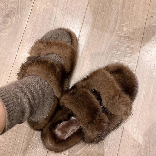 Summer hot sale women leapard print fur slide ladies real mink fur slide slippers