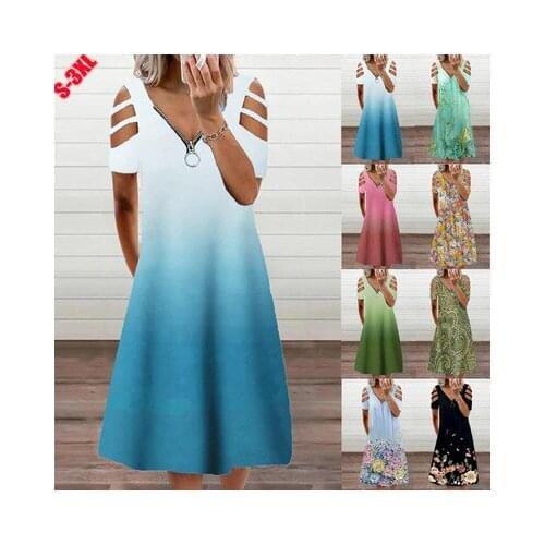 Women Printed Pullover Casual Loose A-line Short-sleeved Zipper V-neck Hollow Short-sleeved Dress Black Harajuku Splicing Dress