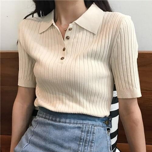 Short Sleeve Top Female Sweater Vetement Femme 2021 Summer Office Lady Fashionable Casual Knit Sueter Feminino Turn-Down Collar
