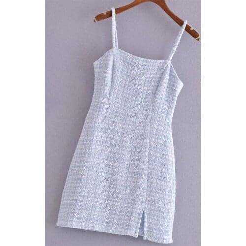 2021 Fashion Summer Women Dress Sleeveless Backless Tweed Spaghetti Straps Slit Hem Mini Bodycon Party Daily Streetwear Dresses