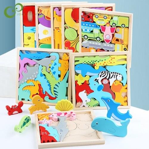 DIY Cartoon Animals Fruit Car 3D Wooden Puzzles for Toddlers Early Educational Puzzles Toys Gifts for Kids Boy and Girls YJN