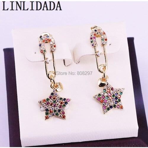 5Pair Fashion New Paved Rainbow Cz Jewelry Unique Gold-color Pin Earring Star Dangle Earrings for Women