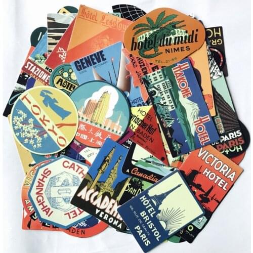 50Pcs Vintage Travel Hotel Restraunt Retro Hotel Stickers Vinyl Decals Waterproof Car Laptop Stickers Luggage Notebook Decals