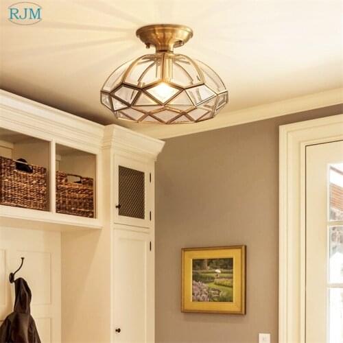 American Creative Simple Copper Ceiling Lamp Glass Lamp Shade Pendant Light for Living Room Corridor Aisles Study Rooms Lighting