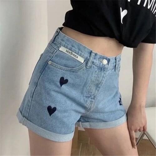 Denim shorts womens summer new high waist Love Print slim sexy short bag hip curling hot pants