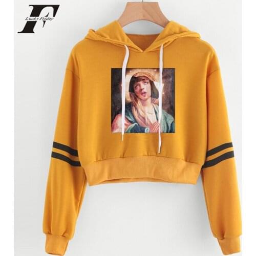 Kpop Virgin Mary Women Yellow Crop Top hoodies Streetwear Women Kawaii Short Sweatshirt Funny Casual Cropped Pullover hoodie