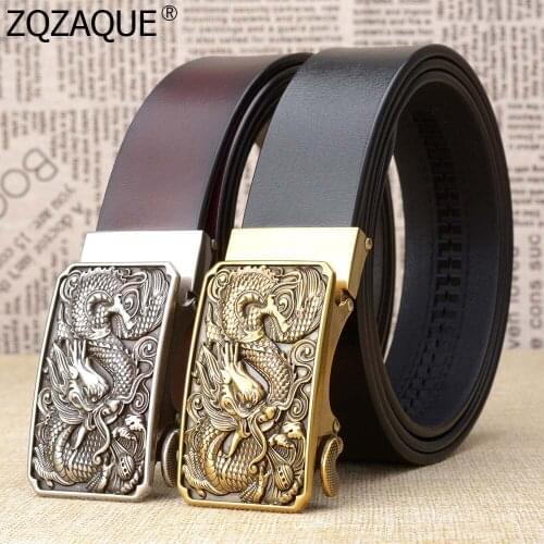 Classic Embossed Dragon Design Auto Buckle Belts For Men High Quality Cow Leather Jeans Waistbands Fashion Cool Girdles SY1783