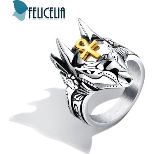 Felicelia Ancient Egyptian God Anubis Ring For Men Retro Wolf Head Ankh Cross Stainless Steel Ring Cool Jewelry Accessory