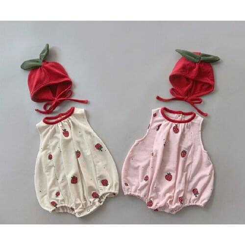 Summer Newborn Baby Romper Strawberry For Boy Girl Toddler Clothes Set Sleeveless Tops + Pants 2Pcs Baby Girls Jumpsuit With Hat