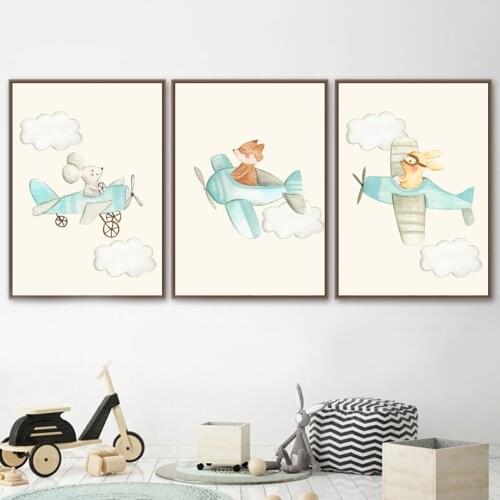 Cartoon Plane Mouse Rabbit Fox Cloud Wall Art Canvas Painting Nordic Posters And Prints Nursery Wall Pictures Kids Room Decor