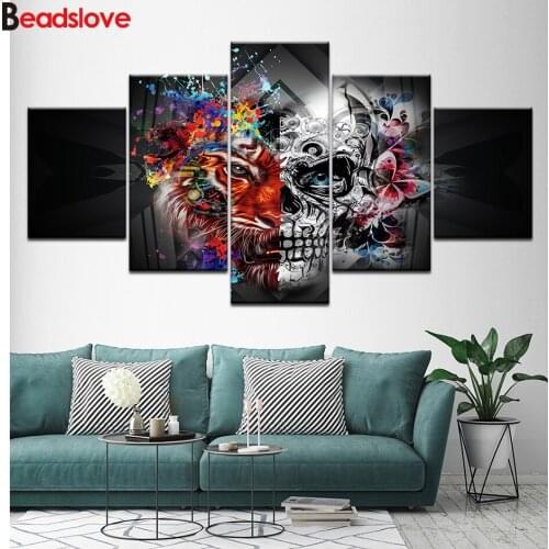 5 Pieces skull diamond painting 5d puzzle mosaic diamond full square round drill embroidery rhinestone tiger Halloween decor