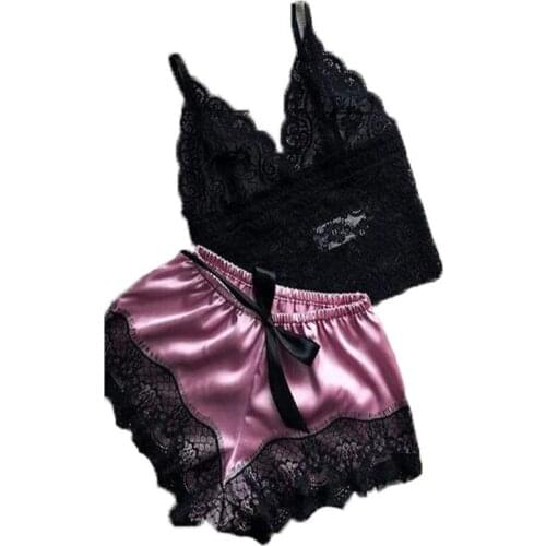 Sexy Women Sleepwear 2Pcs Silk Satin Lace Bra Camisole+Shorts Pajama Sets Ladies Sleepshirts Robe Sleeveless Nightgown