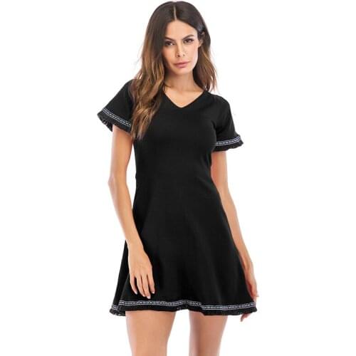 Dress Ladies women Casual fashion Dresses Lace Party v collar solid crash Slim hip Short sleeve Dress black Splicing new red