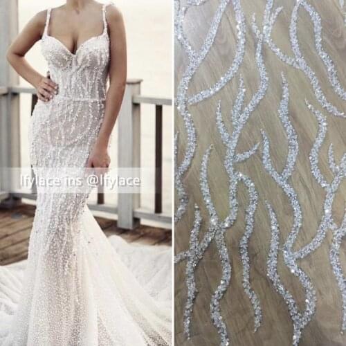 Dense Beaded Couture Lace Fabric for Wedding Dress, Off White Bridal L ace Fabric, Wedding Gown Flower Lace by Yard