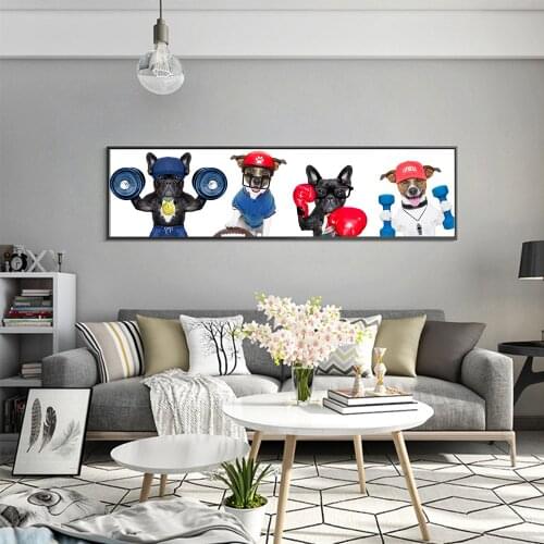 Long Big Size Wear A Hat Lift Dumbbells Boxing Suit Sporty Muscular Cute Dog Poster Canvas Painting for Child Living room