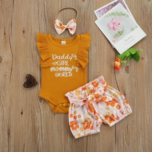 Pudcoco 3Pcs Newborn Outfits Baby Girls Ribbed Letter Print Fly Sleeve Round Neck Romper Tie Up Floral Shorts Bowknot Headband