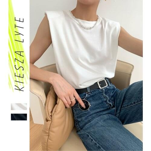 Sleeveless shirt white bottom shirt shoulder padded flying sleeves T-shirt women loose tide round neck vest