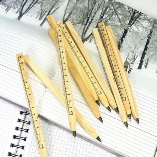 2 Pcs Wooden Ballpoint Pen Environmental Ruler Manual Multifunction Pen Office School Supplies