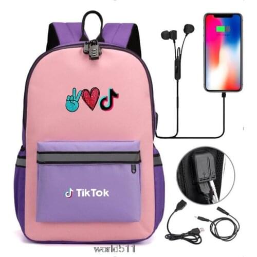 Tik Tok Backpack with USB Charge Line Student Schoolbag Cute Tik Tok Couple Bags Quality Canvas Bag Gift