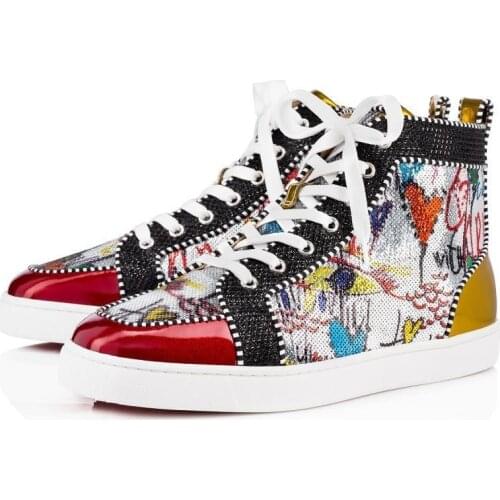 SHOOEGLE Luxury Graffiti Sequins Mens High-Top Lace-up Casual Shoes Handmade Flats Men Runway Size 38-47