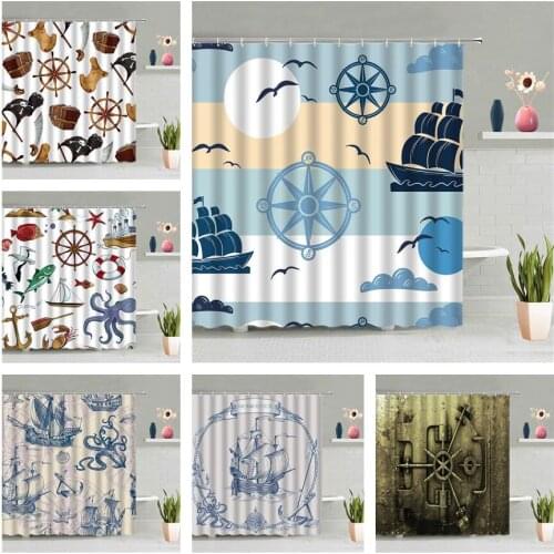 Ship Compass Shower Curtain Ocean Element Anchor Rudder Bathroom Wall Hanging Curtains Waterproof Screen With Hook Home Decor