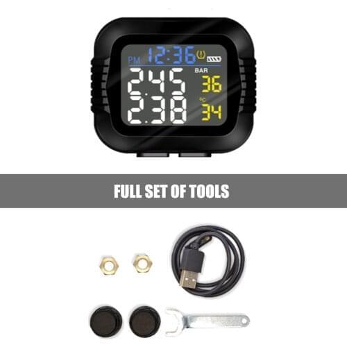 Motorcycle TPMS Motor Tire Pressure Tyre Temperature Monitoring Alarm System With 2 External Sensors Magnetic USB Charging