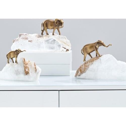 Modern Brass Elephant Walking On Natural Spar Designer Statue Home Crafts Room Decor Objects White Spar Sculpture Accessories