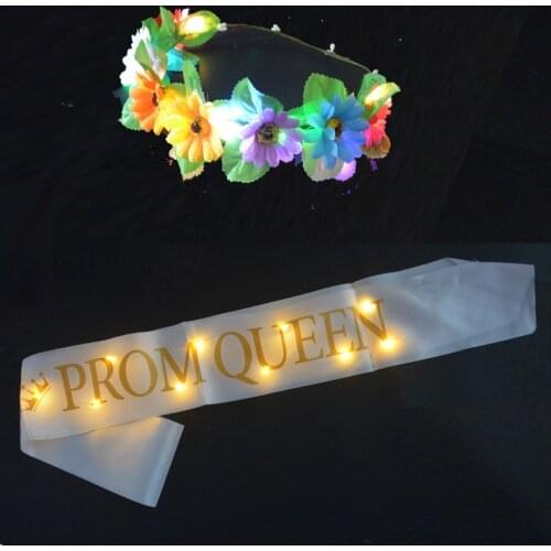 LED Neon Party Glow Flower Wreath Crown Headband Light Ribbon Sash Shoulder Strap Golden Letters Prom King Queen Decor Birthday
