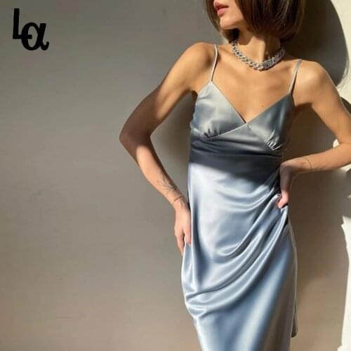 Luck A Women Satin Deep V Neck Sexy Dress Solid Straight Pajamas Party Dress Elegant Female Summer Spaghetti Strap Dress Casual