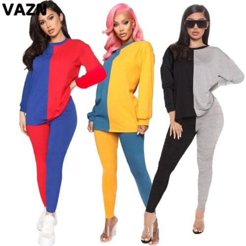 VAZN 2020 New Patchwork Comfortable Women O-neck Elegant Office Lady Set Gym Clothing Suit Women Full Sleeve Tracksuit