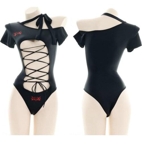 Japanese Lolita Hollow Out Sukumizu Printing Halter Lace Up Swimwear Underwear Sexy Womens Black One-Piece Pajamas Swimsuit