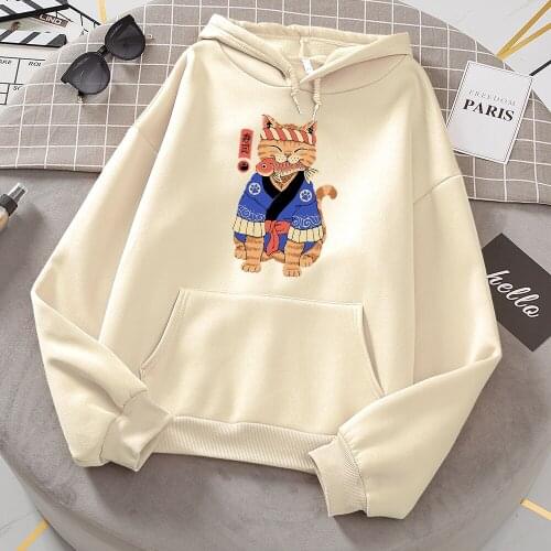 Japan Ukiyo E Style Orange Cat Prints Women Hoodies Autumn Loose Warm Hoodie Casual Fleece Sweatshirts Simple Crewneck Man Tops