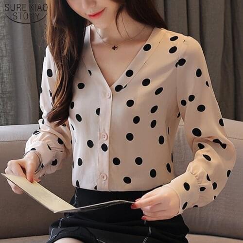 2021 Autumn Office Lady Long Sleeve Button Cardigan Women Blouse V-neck Polka Dot Chiffon Shirt Tops Women Blusas Mujer 10781