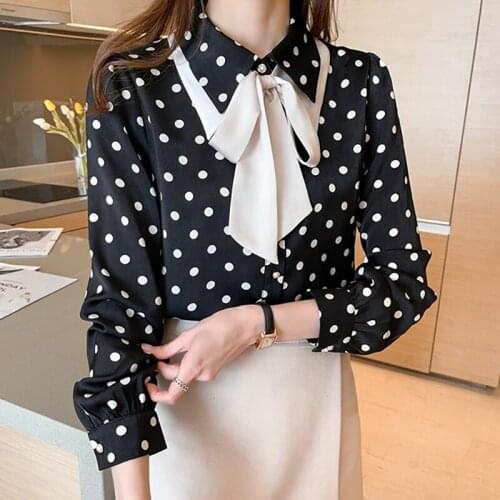 Black Polka Dot Blouse Vintage Long Sleeve Bow Button Chiffon Shirt Women Woman Tops 2021 Fashion Autumn Apricot Womens Clothes