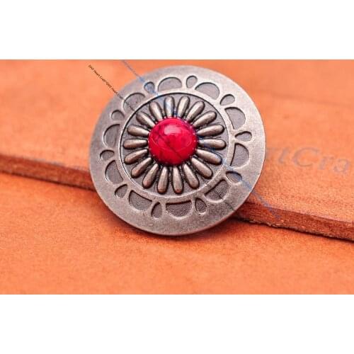 10 Sets 30MM Retro Silver Daisy Flower Red Bead Conchos for DIY Leathercraft Luggage Bag Purse Wallet Decor