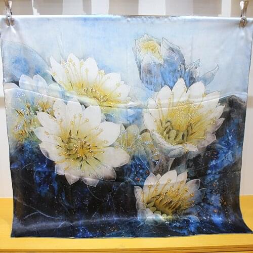 110cm Silk Square Scarf Lady Bandana Head Wraps Shawls Fashion Foulard Female Large Hijab Lotus Printed Blue Headscarfs