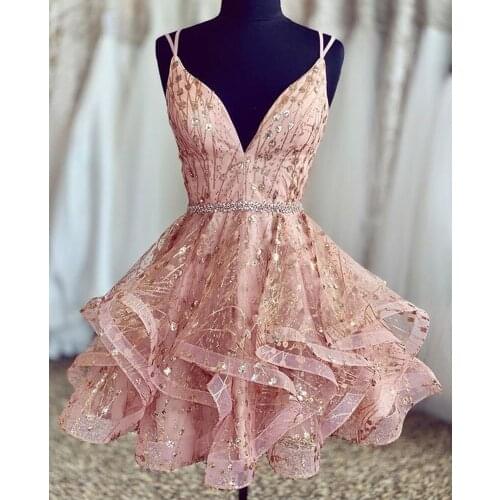 2021 Shiny Sequined Pink Homecoming Dresses Sparkly Pink Sweet 16 Dress V-neck Beaded Short Prom Dress With Lace-up