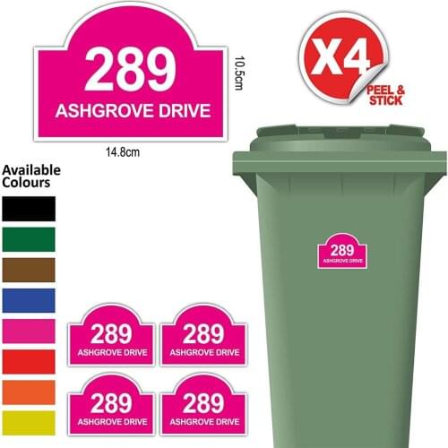 4X Personalised Printed Wheelie Bin Number Stickers House Number Street Name Style Multiple Colors