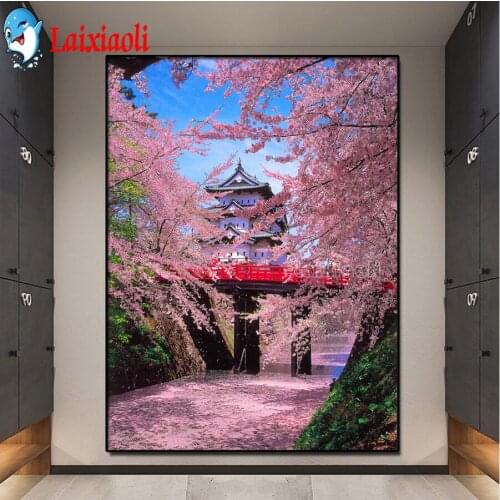 5D DIY Diamond Painting Mt. Fuji, Japan Diamond Embroidery Cherry blossom temple scenery Mosaic Picture Cross Stitch Home Decor